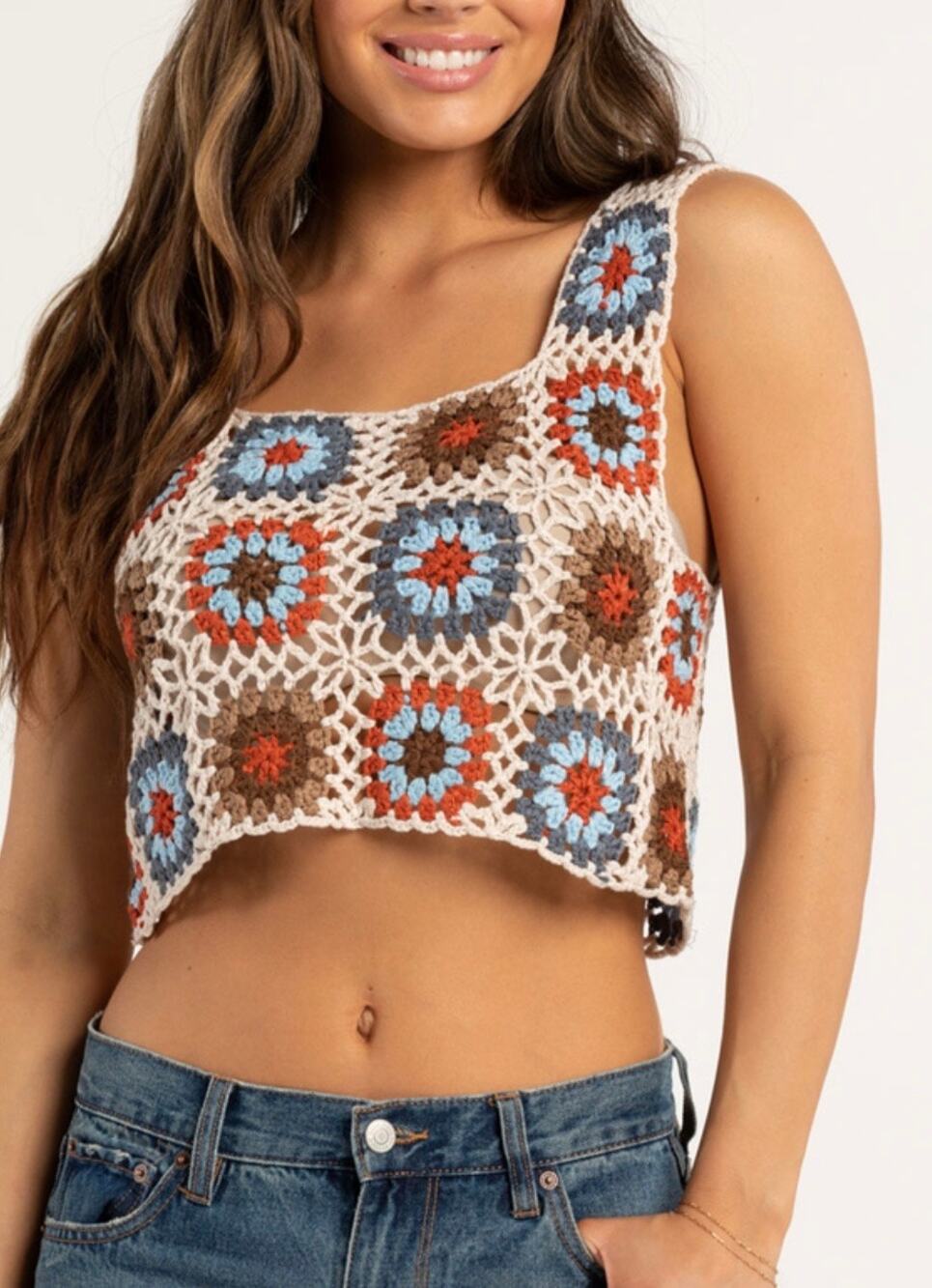 RSQ Granny Square Crochet Tank Top XS Boho Festival Y2K Cottagecore